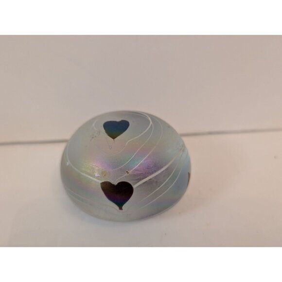 Handblown Iridescent Glass Paperweight With Heart Design & Swirl Pattern - Picture 1 of 6